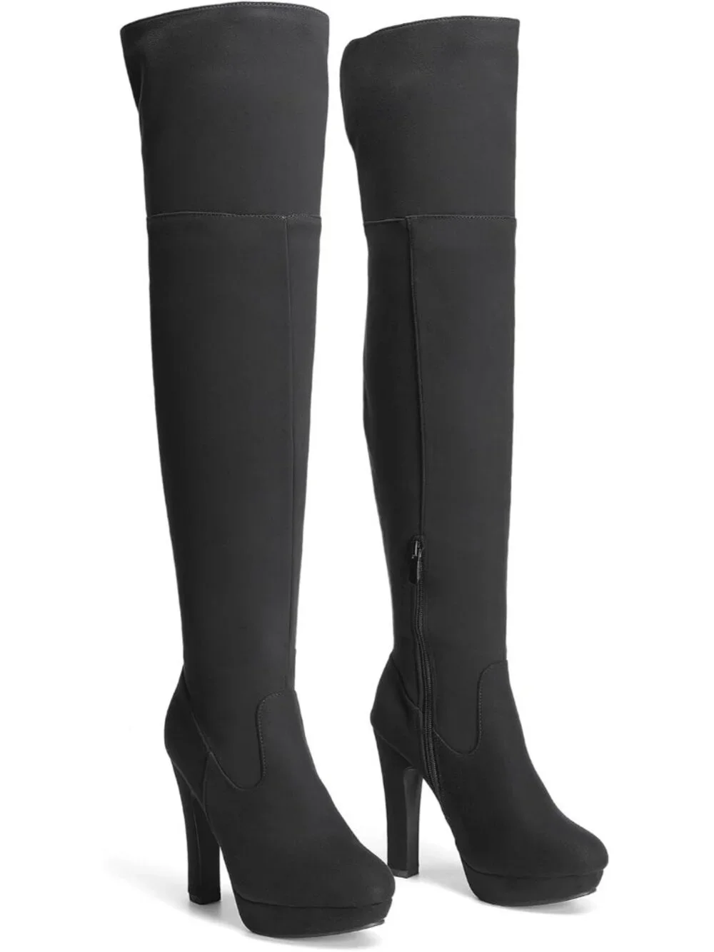 Women's Black High Heel Round Toe Faux Suede Over The Knee Thigh High Boots
